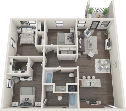 Floor plan for 3 beds, 2 baths, 1310 sqft